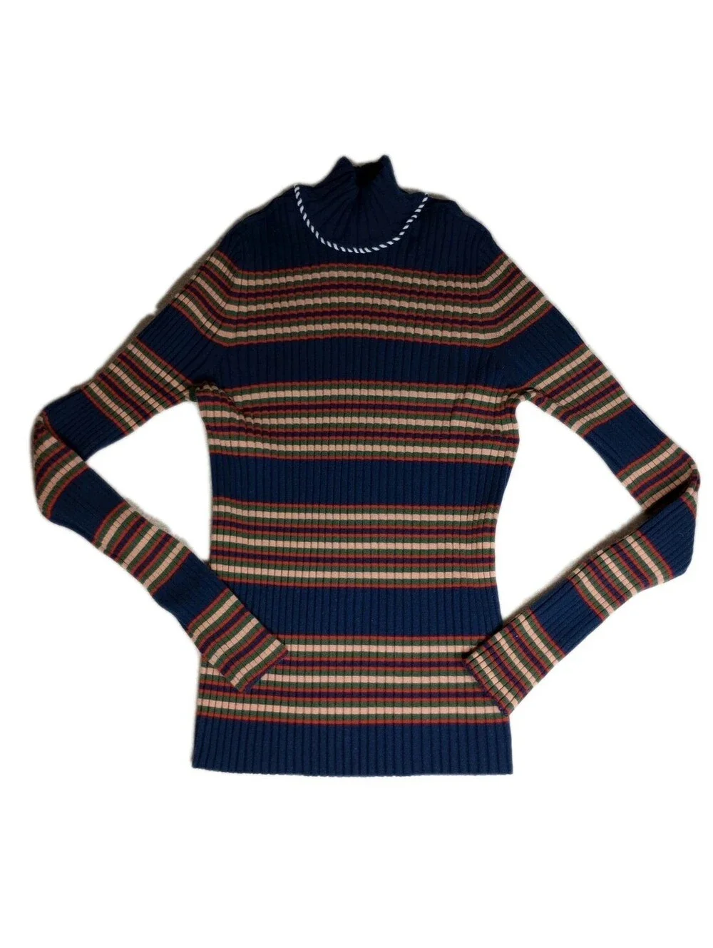 Tory Burch Striped Ribbed Turtleneck Sweater XL Blue Tan Merono Wool Stretch